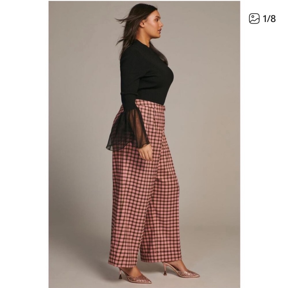 Anthropologie x Frnch Pink and Black Plaid Wide Leg Pants